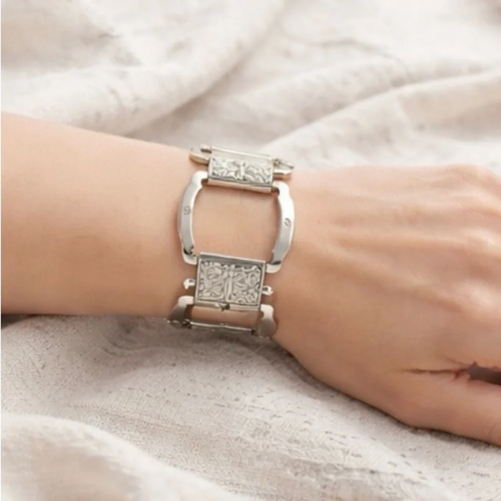 Brighton Silver Tone Link Bracelet Floral Hinged Panel Chunky Vintage Style